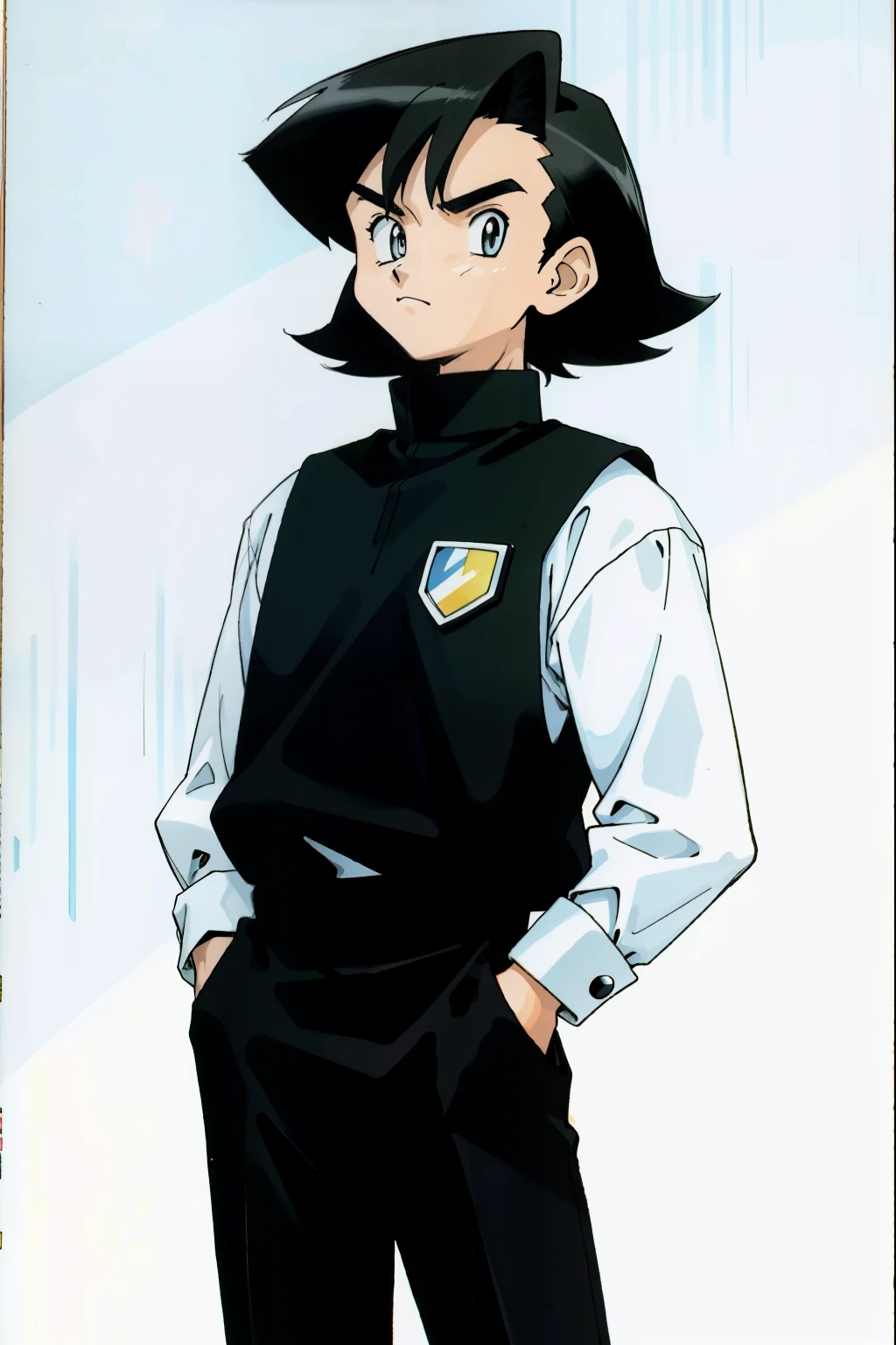 by Ken Sugimori, sugimori 1990s, ((only 1man)), black and white referee uniform, ((hands behind their back)), full black pupils, manga, best quality, highly detailed, clean lines, cowboy shot, good hands, good eyes, hd, 8k, professional, symmetrical, hires, 8k,