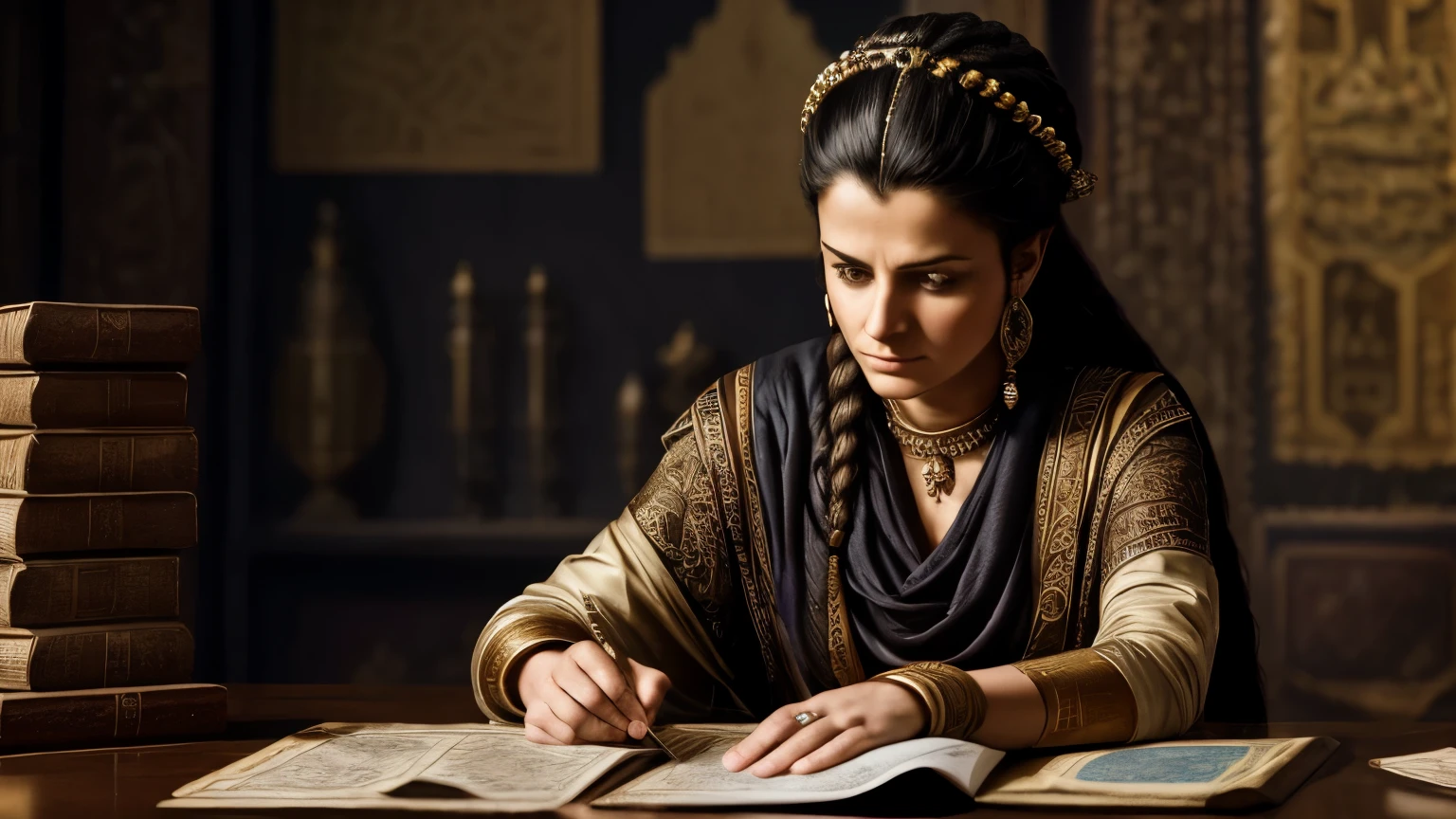 Paint a portrait of Zenobia in her private chambers, surrounded by maps and scrolls as she studies the strategies of her Roman adversaries, her expression a mix of determination and steely resolve as she plots her next move in the ongoing struggle for power and dominance