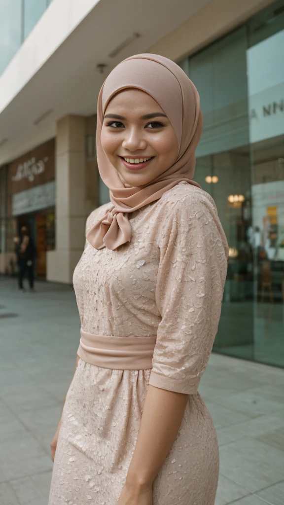 Portrait photography of a beautiful young malay girl in hijab wearing white modest Square Neck Bow Front Floral Jacquard Dress , fully cover dress, catwalk, nighttime, crowded mall background, bright lighting, smile and happy gesture, small abs, wide hips, thick thighs, small abs, , detail skin texture, 4k, high detail, ultra detail, detailed skin texture, Nikon D850, Photographie de film ,4 Kodak Portra 400 ,camera f1.6 lentilles ,hyper realistic ,lifelike texture, dramatic lighting , Cinestill 800, (high detail face:1.4) (sourire:0.7)