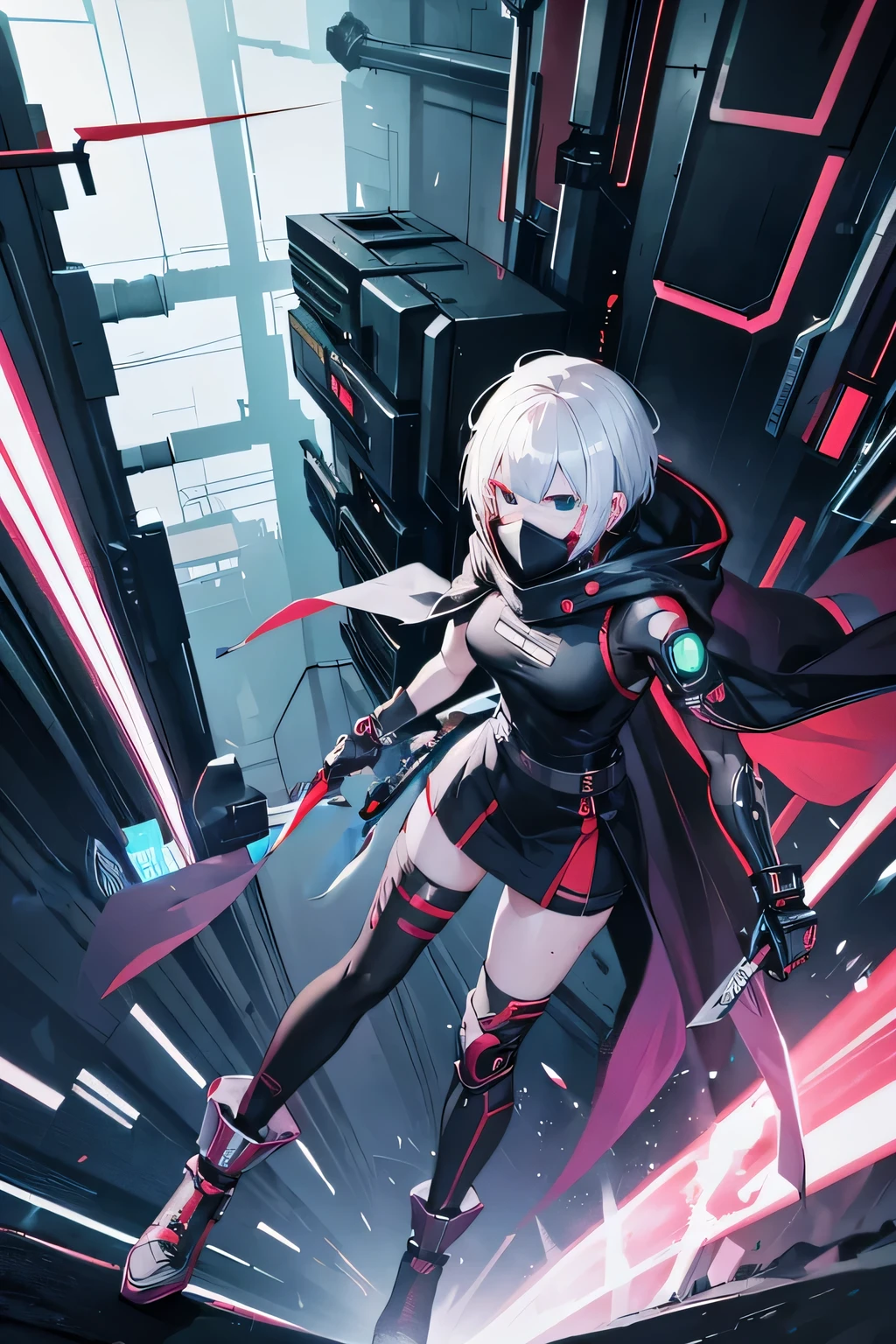 cyberpunk style A kunoichi with short white hair One arm looks mechanical Wearing a cloak have a knife wearing a mask over the mouth