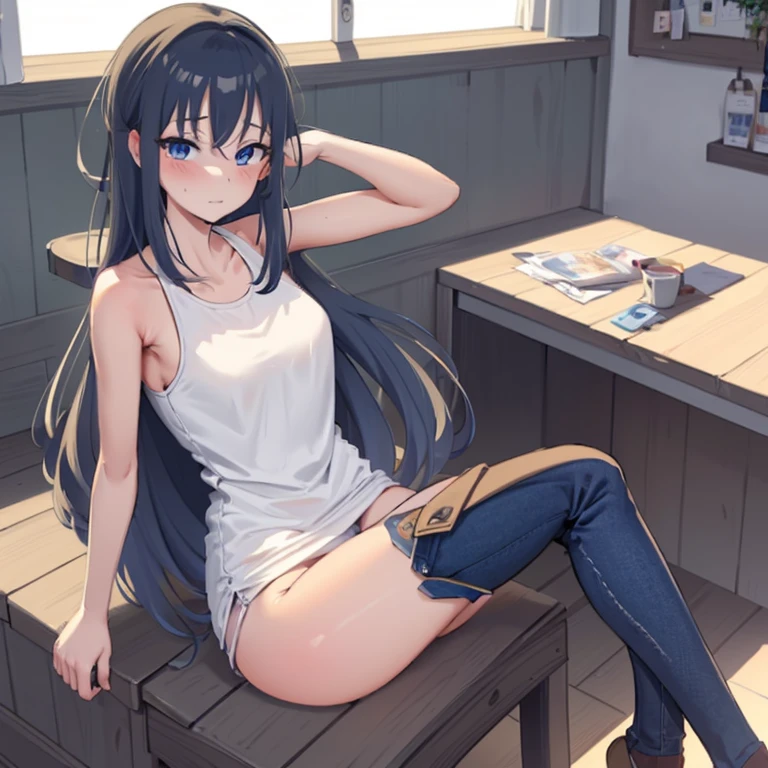 une fille assise sur un coussin de tabouret de bar, minijupe en jean, Culotte blanche visible, vue de face, detailed skin textures and detailed skin pores, Highly detailed face and eyes, legs spread, poitrine