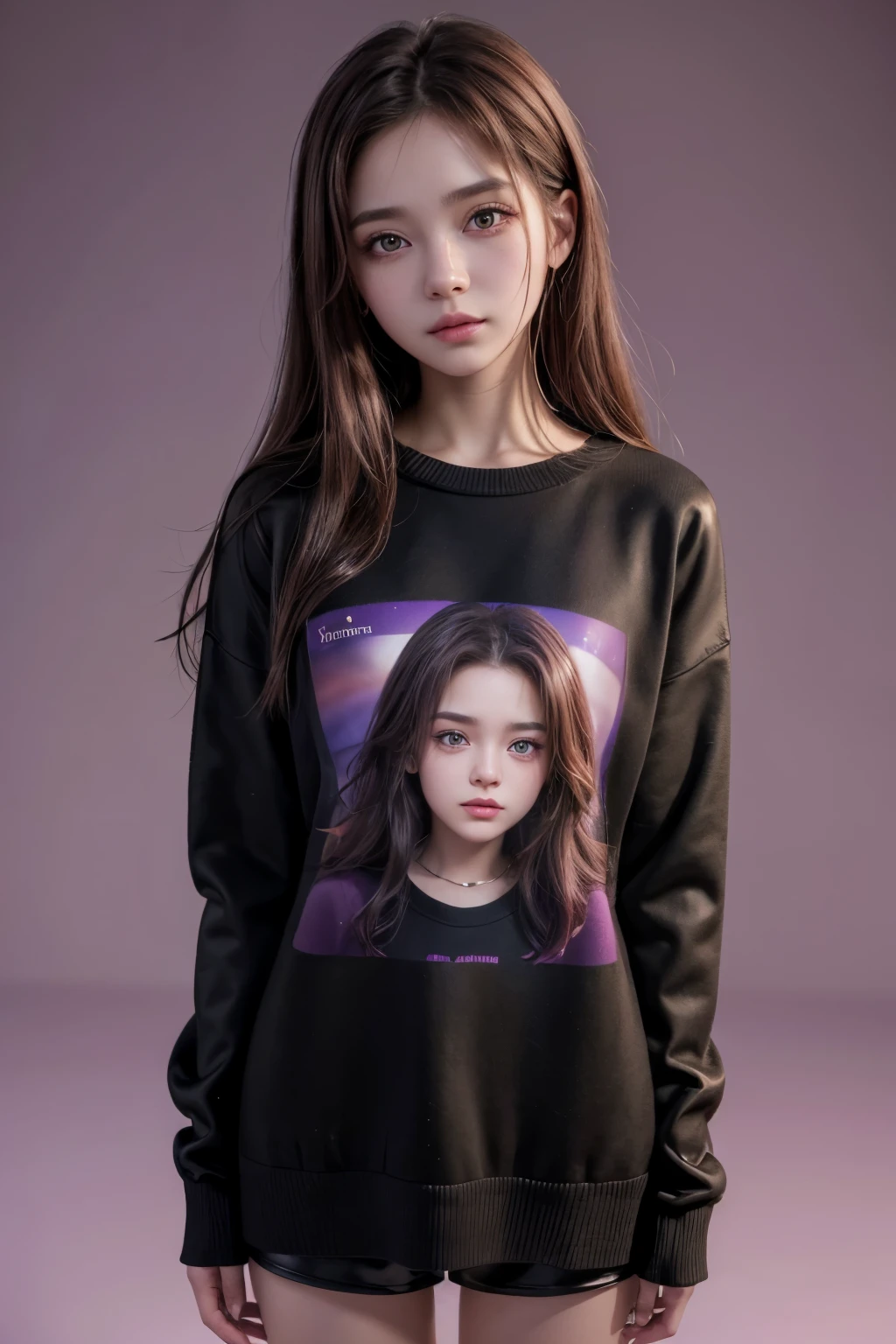 girl in a black sweater with the inscription "Yami" on it, brown hair, realism, 3D rendering style, beautiful purple-pink background, beautiful blur