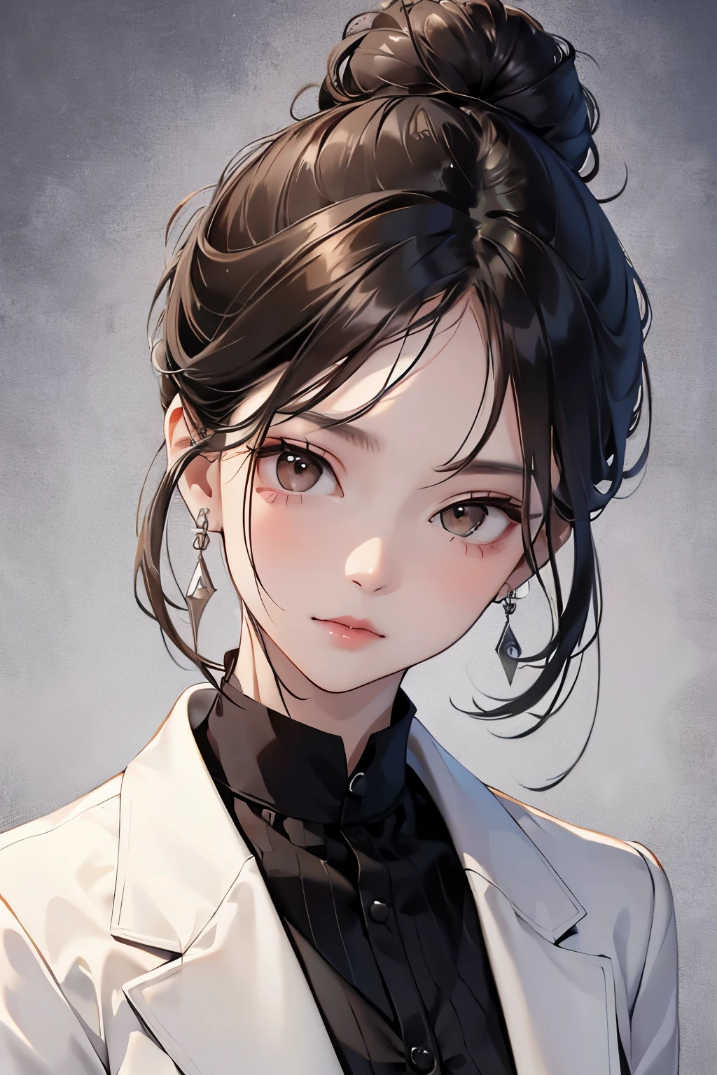 best quality, highres,Slender、brown eyes、tall、black hair、（forehead:1.3),bun hair、suit、Silver earrings、shyness、Fair skin、small face
