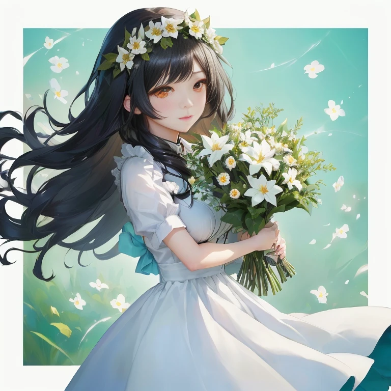 anime girl with long black hair holding a bouquet of flowers, guweiz, guweiz on pixiv artstation, anime moe artstyle,  in dress, guweiz on artstation pixiv, hestia, official artwork, with flowers, official art, anime visual of a cute girl, artwork in the style of guweiz, carrying flowers