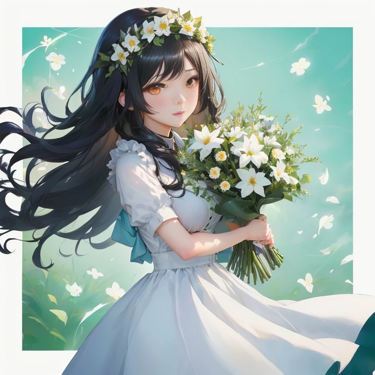 anime girl with long black hair holding a bouquet of flowers, guweiz, guweiz on pixiv artstation, anime moe artstyle, in dress, guweiz on artstation pixiv, hestia, official artwork, with flowers, official art, anime visual of a cute girl, artwork in the style of guweiz, carrying flowers