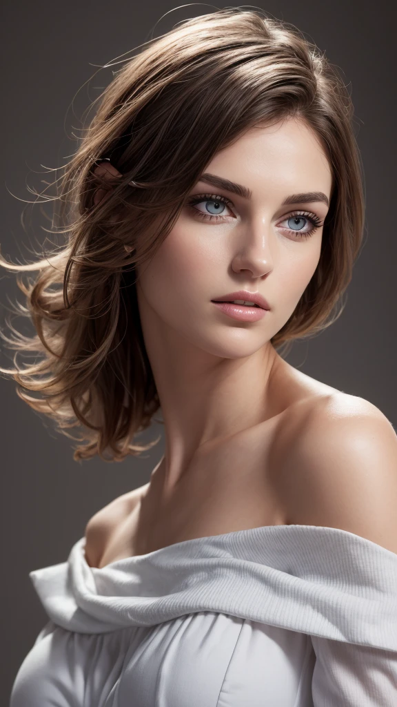 a beauty woman, 33 yo, Dutch korean mixed、perfect、dramatic bright light、High resolution skin:1.2、realistic skin texture, sensual mature woman、small face、no makeup、Bust B Cup、、Detailed beautiful brown eyes、short hair、dark brown hair、cool beauty、gray background, waist up pose , pose 1.4 to camera , various shot angle , off shoulder, exposed arms, transparant minimalist blue bedress