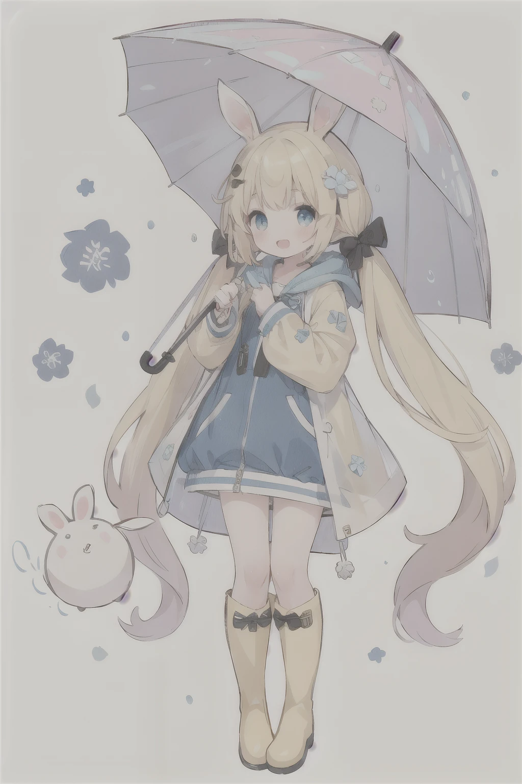 1girl,rainbow,raincoat,yellow raincoat,rubber boots,hydrangea,flower,long hair,twintails,boots,blush,umbrella,open mouth,hair ornament,white background,hood,solo,teruterubouzu,very long hair,hood up,long sleeves,low twintails,bow,bangs,smile,animal hood,blue eyes,rabbit,closed umbrella,puddle,full body,:d,snail,yellow footwear,simple background,pink flower,standing,leaf umbrella,holding umbrella,food-themed hair ornament,hair bow,animal ears,holding,blonde hair,hair flower,rain,animal,