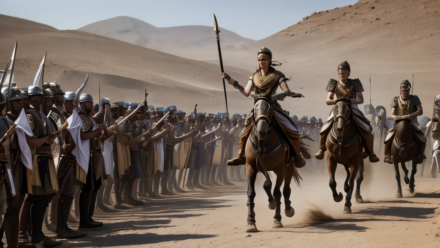 Craft an authentic depiction of Zenobia leading her cavalry charge against the Roman legions, the dust of the desert battlefield swirling around her as she brandishes her spear high in the air, inspiring her troops to victory