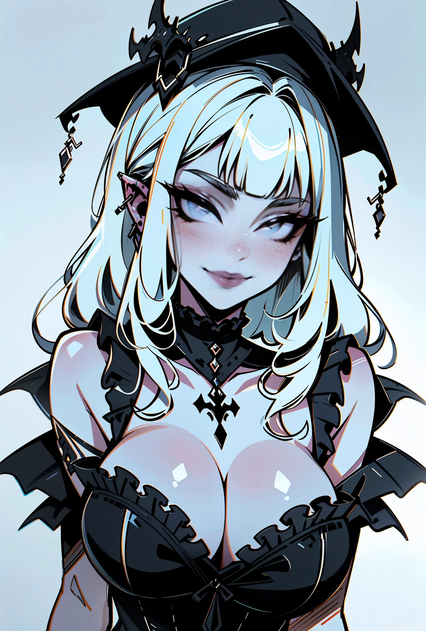 pen_sketch_style, 1girl, solo, ink, detailed face, puffy lips, gothic make up, beautiful woman, sketch, gigantic breasts, frilled dress,huge cleavage, seductive smile