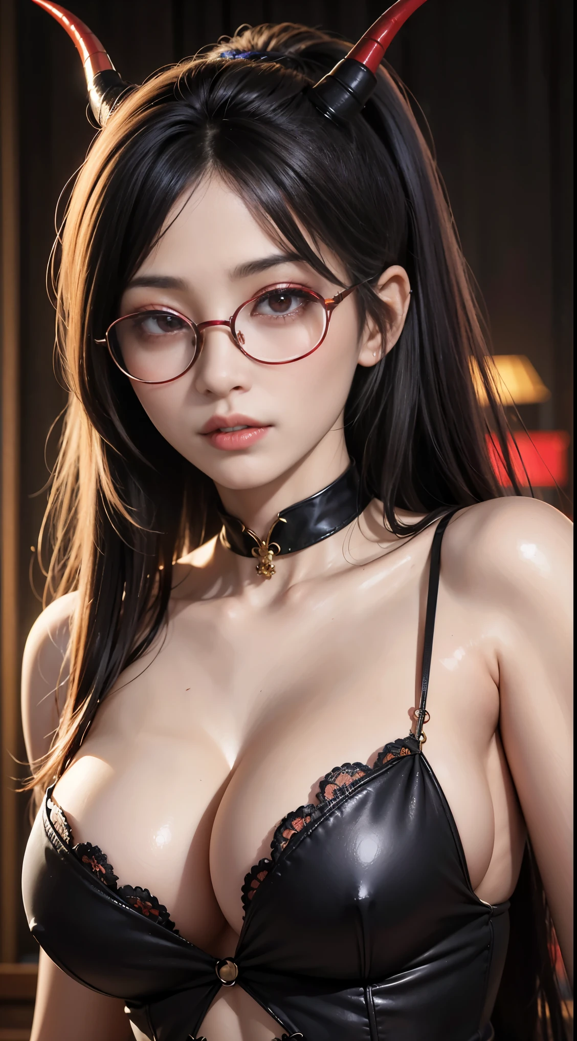 got itですか、(best illustration)、8k UHD resolution、intricate details、highest quality、realistic、Super detailed、best writing、best shadow、soft lighting、ultra hd、Super realistic、Tyndall effect、Photoreal、(high detail skin:1.2)、 (intricate details, compensate, face to face with the children_V1:0.5), (Beautiful and delicate face in every detail, got it, beautiful and delicate eyes, perfectly proportioned face, high resolution skins, fine skin, Optimal ratio of 4 fingers and 1 thumb, arm under chest, red tattoo on lower abdomen、wonderful、wonderful, wide hips, smooth abdomen, thin and thin skin, __fashion__, __hair__:1.25)、Digital single-lens reflex camera、 absurd、1 Beautiful devil woman from hell, デヴィッド・ホックニーとアルフォンス・ミュシャによる超realistic女性のポートレート, Portrait of a seductive woman、fantasy art, Chinese humanoid robot、chinese actress、dungeon、dragon、devil'palace of、devil'torture chamber、night、dark style 、in the dark、(detailed spooky background:0.8), magic、 1 girl、evil nun、dark necromancer、Succubus、devil'Daughter of、Umi Shinonome、bat wings,(((devil'Horn)))、 ((((giant glasses, otaku glasses, thick glasses, round glasses)))),(((big breasts)))、(devil'tail)、(red eyes shine:1.6)、red eyesには、Very clear and detailed makeup, your eyes are so beautifully made, ((red eyes:1.0)),intricate tattoo, demonic intricate tattoo, thigh tattoo, body tattoo, masterpiece、the most beautiful face、baby face、cute smile、seductive bodyとふっくらとした美しい赤い唇、devil'seductive body、devil style、enchanting black magic costume、(((光沢のある赤い蛇が彼女body ofに巻き付いています)))、The long-haired、Braid、Black hair、Ponytail distortion、, Ponytail with a bow tied at the back of the hair, beautiful expression、body up、big breasts emphasis、bust, super tight chest, Breast augmentation surgery, Breasts are very big and round,tight waist、wide ass、 secret key, cowboy lens, (red phoenix dress: 1.0), devil'Crown of, Red Gemstone Necklace、Jewelry Gwise, wearing black mesh socks,wearing a thin red and black robe, Pull the straps with your hands to reveal your sexy breasts, Close-up of the main character, nffsw, nffsw, Meeting beautiful girls, look at the girl'body of,