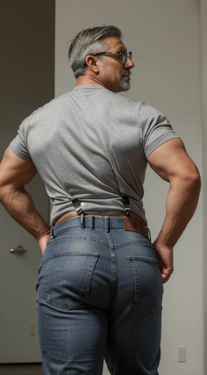 45-year-old mature man, professor with glasses, gray hair, very handsome, Big body very muscular, very butt, with tight dress pants and suspenders, backside jeans