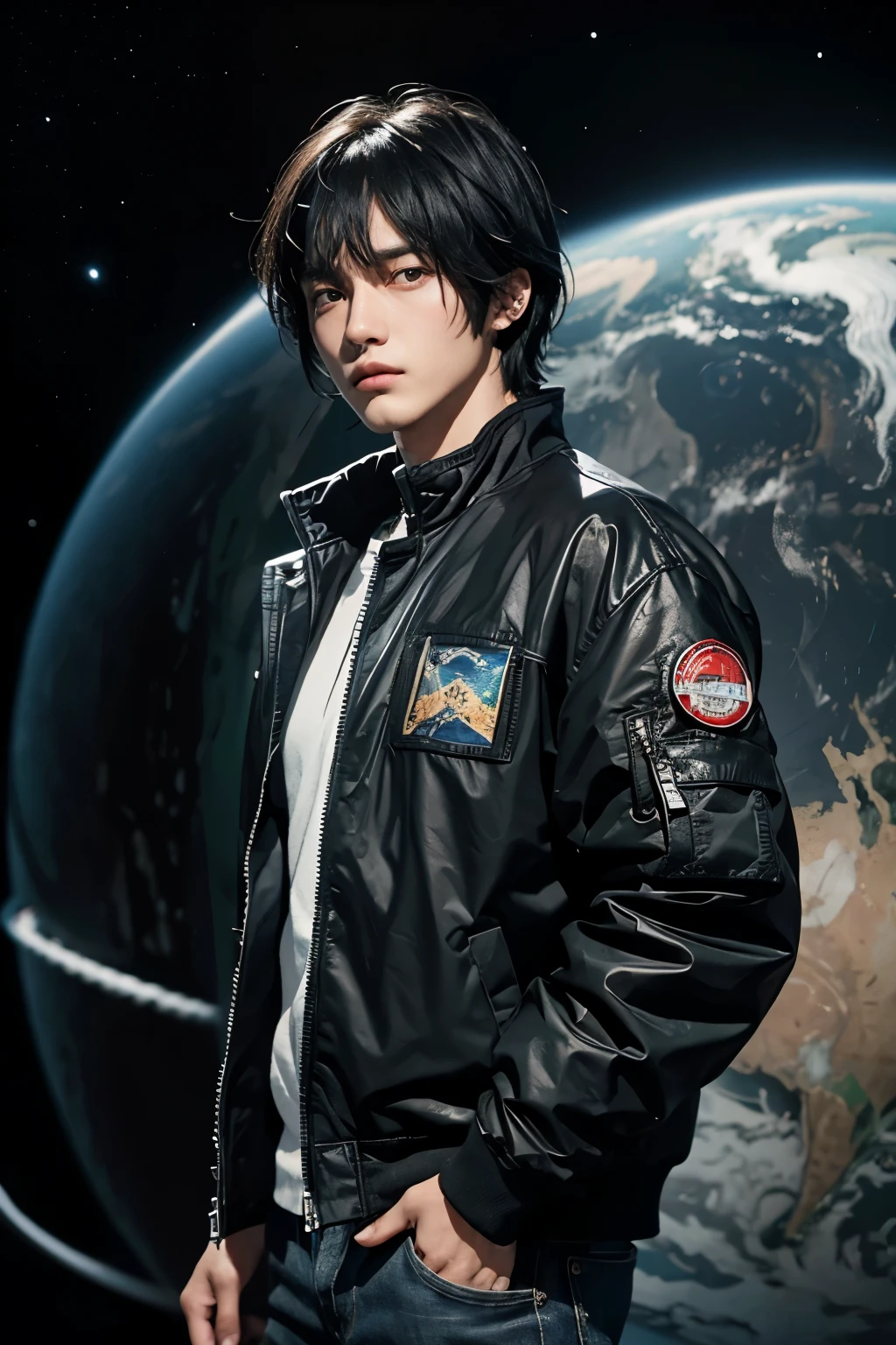 One handsome man。black hair。eighteen。letting down one's bangs。He is looking at the camera with a serious expression。He wears a jacket。Image of planets strung together on man's background。Image of a parallel universe。masterpiece。
