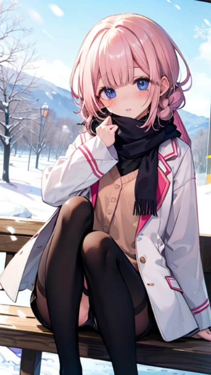 、Peep、A sneak peak、Shyness、blush、embarrassing、blush、peak、、sit with legs stretched out、bench、顔をscarfで隠す、wear a coat、snow原、snow像、snow、cold、scarf、scarfを巻く、降snow高解像度、Full HD、8K quality、、、droopy eyes、、、eye highlights、lively eyes、clear eyes、beautiful eyes、、口元をscarfで覆う、、look down、avert your eyes、embarrassing、blush、、View from an angle、Side and angle view、、eye highlights、、、eye highlights、めちゃくちゃbeautiful eyes、Black tights with pink lines