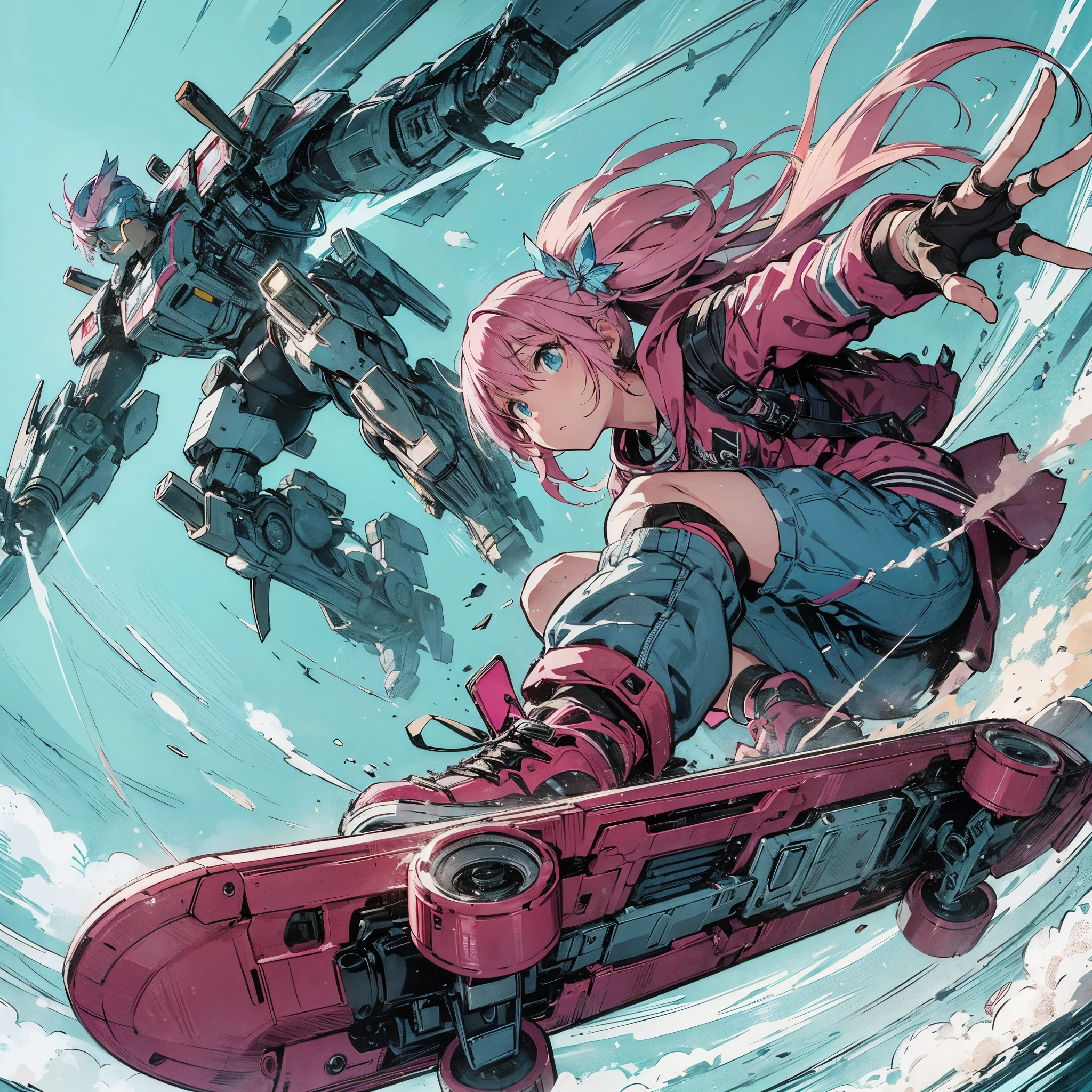 
Sci-Fi style anime illustration, rough and intense illustration of Pink-chan, a 20-year-old character, jumping high in the sky on a mecha skateboard. The background depicts a mecha air-surfing high in the sky and a dynamic jump to the sky with elements of breakdancing. The images are dynamic and dynamic from below, using thick, exaggerated lines and brush strokes to emphasize the accelerated speed and mecha-gimmick-packed action. Pink-chan has medium-length pink hair with blue highlights, light blue eyes, and a small mole next to her left eye. She has a slim figure of about 150 cm tall and wears a modern white hoodie and a blue butterfly hair ornament. The background is an urban skate park, painted with a rough hand-drawn aesthetic, which heightens the sense of wild energy and movement.