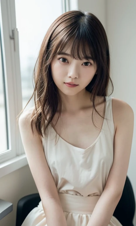 masterpiece、highest quality、16K、RAW photo、Super detailed、ultra high resolution、UHD，Depth of the bounds written、very detailed、soft light、professional lighting、Pale shading、Weak contrast、Japanese、beautiful girl、slender woman、Smooth, silky skin、clear white skin、daytime office、Window seat、sitting in front of the computer、（Tight peplum）、（tulle skirt）、(smooth and beautiful thighs:1.6）、(small breast:1.0)、flat chest、Childlike breasts、small areola、small nipples、beautiful nipples、Cherry-colored nipples、white breast、fine and beautiful eyes、（hanging eyes）、clear double eyelids、tear bag、（thin eyebrows:1.0）、（thin lips:1.0）、natural makeup、natural color lip、A smile that makes people happy、(floating hair、long wavy hair、high ponytail),(The bangs are see-through bangs)、Black mesh office chair、pink clothes、Photo from head to thighs、surreal pictures