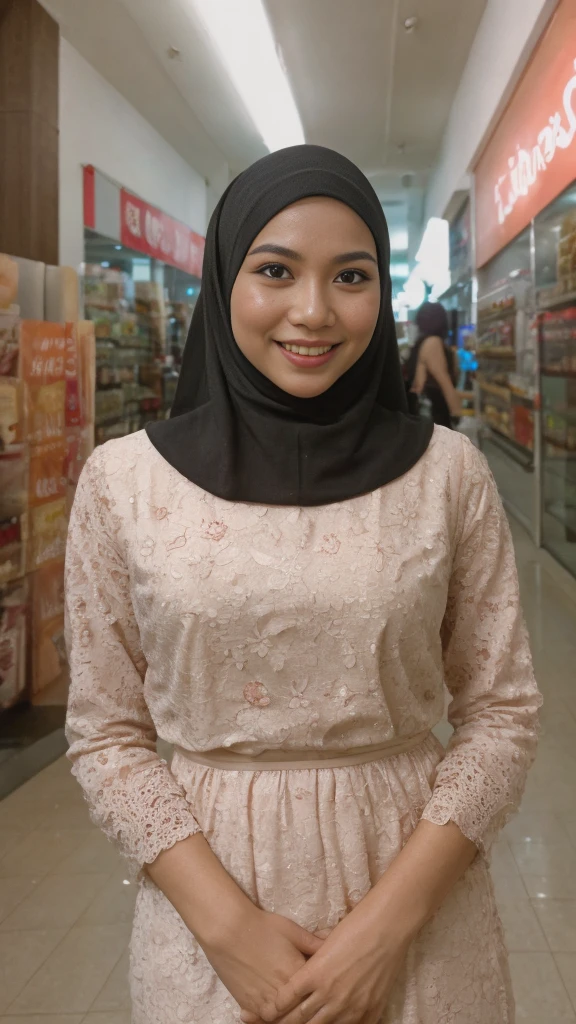 Portrait photography of a beautiful young malay girl in hijab wearing white modest Square Neck Bow Front Floral Jacquard Dress , fully cover dress, catwalk, nighttime, crowded mall background, bright lighting, smile and happy gesture, small abs, wide hips, thick thighs, small abs, , detail skin texture, 4k, high detail, ultra detail, detailed skin texture, Nikon D850, Photographie de film ,4 Kodak Portra 400 ,camera f1.6 lentilles ,hyper realistic ,lifelike texture, dramatic lighting , Cinestill 800,  (high detail face:1.4) (sourire:0.7)