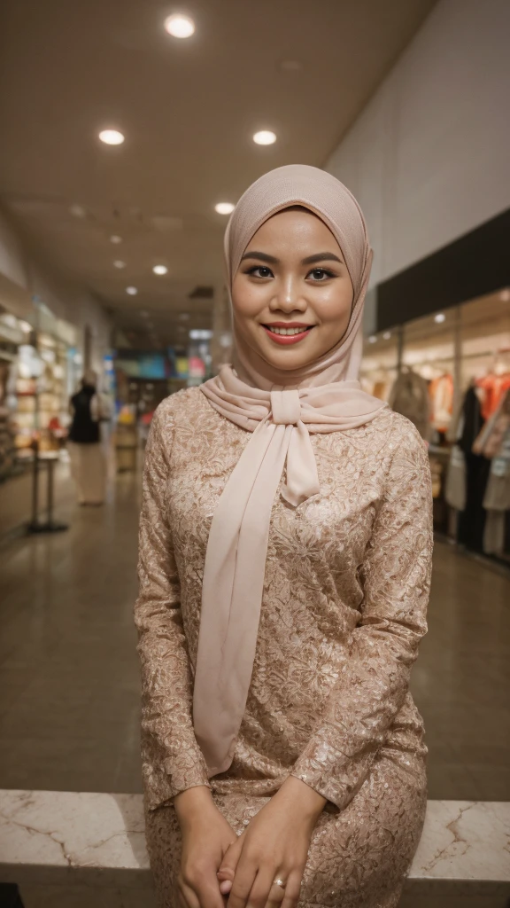 Portrait photography of a beautiful young malay girl in hijab wearing white modest Square Neck Bow Front Floral Jacquard Dress , fully cover dress, catwalk, nighttime, crowded mall background, bright lighting, smile and happy gesture, small abs, wide hips, thick thighs, small abs, , detail skin texture, 4k, high detail, ultra detail, detailed skin texture, Nikon D850, Photographie de film ,4 Kodak Portra 400 ,camera f1.6 lentilles ,hyper realistic ,lifelike texture, dramatic lighting , Cinestill 800,  (high detail face:1.4) (sourire:0.7)