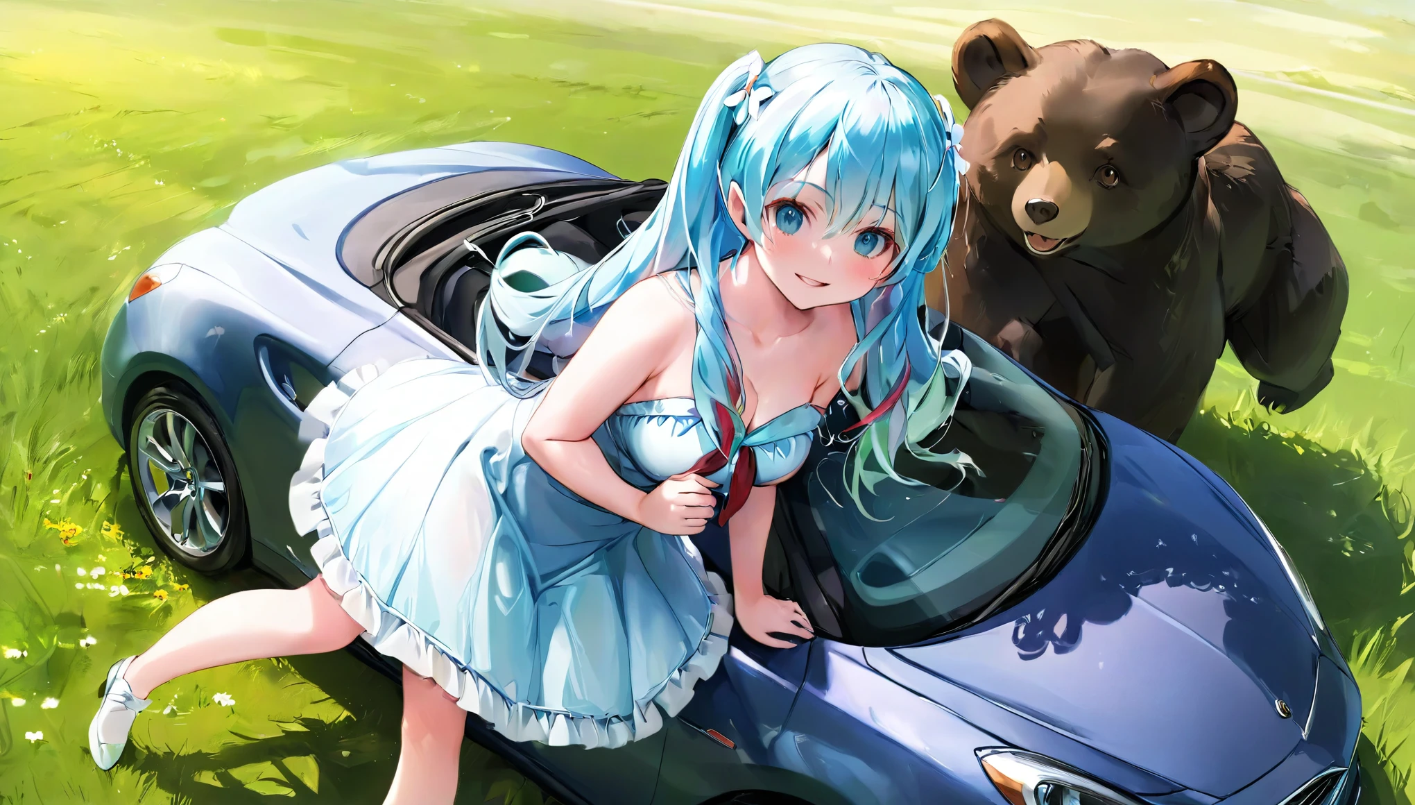  (masterpiece, best quality), 1 elven girl, ( bear breasts, thigh),  (light blue hair, twin tails ,very long hair is fluttering in the wind), full body, hand on hip , hair between eyes, multi colored hair,hair flower ornament ,(blush, smile, aqua eyes), open mouth, elf dress,  white dress , strapless dress, (Open the front of the  dress chest very wide), large breasts, pointed ears, car , the car is nd roadster , standing next to the car,  grassland