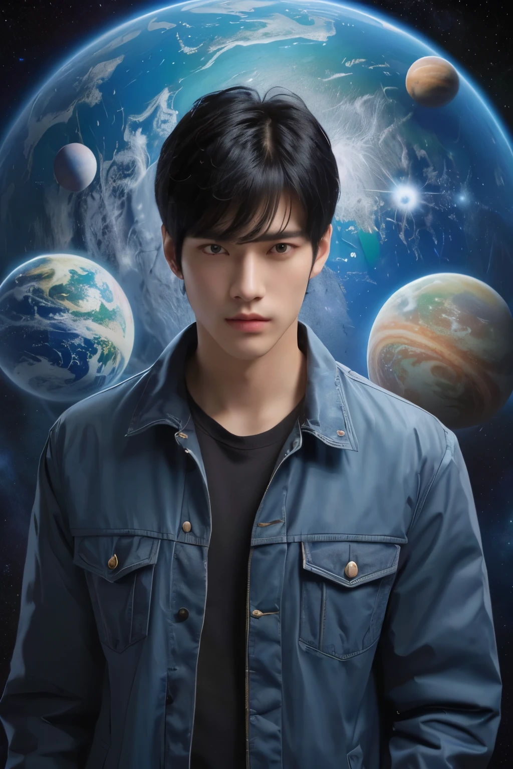 One handsome man。black hair。eighteen。letting down one&#39;s bangs。He is looking at the camera with a serious expression。He wears a jacket。Image of planets strung together on man&#39;s background。Image of a parallel universe。masterpiece。