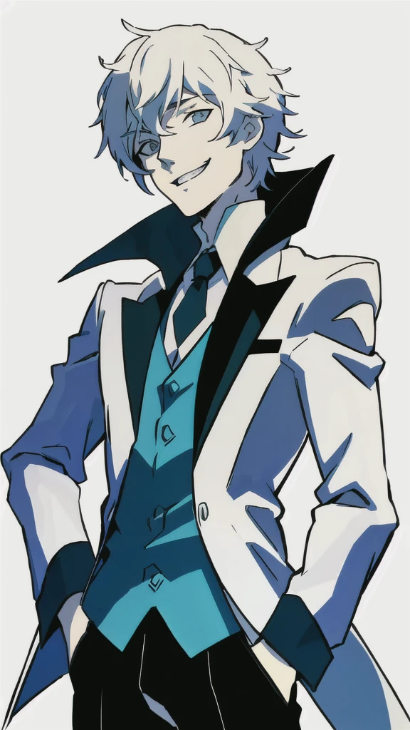 (Illustration, high resolution, best quality: 1.5, masterpiece, minimalist, whitebackground: 2, simplistic detail, anime), solo: 2, fit male, adult male, upper body, half body portrait, white suit, tie, front view: 2, evil smile, vox machina style, dsjoker, front view, open hand,