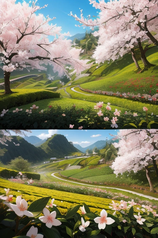 best quality，actual，real life，photography，masterpiece，best quality，There are several cherry blossoms in the tea field，Terraces，Dotted in the tea fields，Cherry blossoms are blooming one by one in the tea field