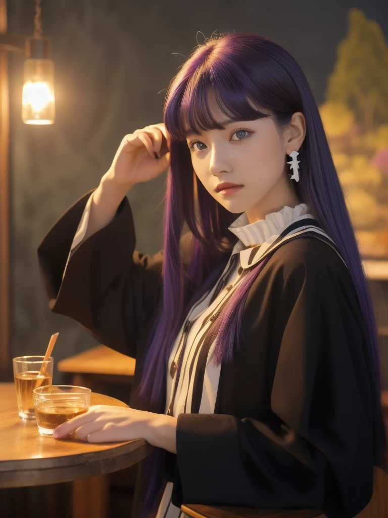 full body, dynamic pose, 1 girl,alone,purple hair,long hair,purple eyes,dull bangs,side lock,half up hair,bright pupils, hair ornaments,Ruffled collar,black robe,white dress,center ruffle,button,wide sleeve,long sleeve,crooked,cowboy shot, looking at the viewer, and highest quality,((highest quality)),((table top)),((perfect face)),get used to it５two-fingered hand,1 girl,(background blur), ((holographic)),1 girl,milky way, (stripes of light), impressive visuals, (dynamic streak, path of light:1.2), bright colors