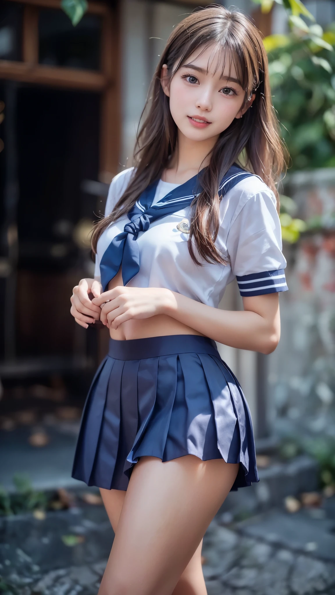 (best quality, 8k, 32k, masterpiece, UHD:1.2), (RAW photo), (realistic), (photorealistic:1.2), (high resolution), huge filesize, ultra-detailed, extremely beautiful face & eyes, 1girl, japanese ,14yo, 13yo, 12yo, round s face,y facein waist, beautiful bellarge breasts, slim proportions, perfect thin thighs, small butt, (darkblue pleated mini skirt, japanese sailor, sailor fuku, serafuku, japanese school sailor suit, sailor red neckerchief), nice hands, perfect hands, accurate hand depiction, sweaty, shy smile, pure white teeth, from below, (blue sky, summer, outdoors), portrait photography,