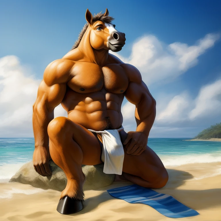 Furry, Antro, Horse Yelow, Fundoshi bulto, Fundoshi White, Solo, Bulto Male, Hooves ,Detallado, cuerpo completo, cuerpo furry, Beach , playa