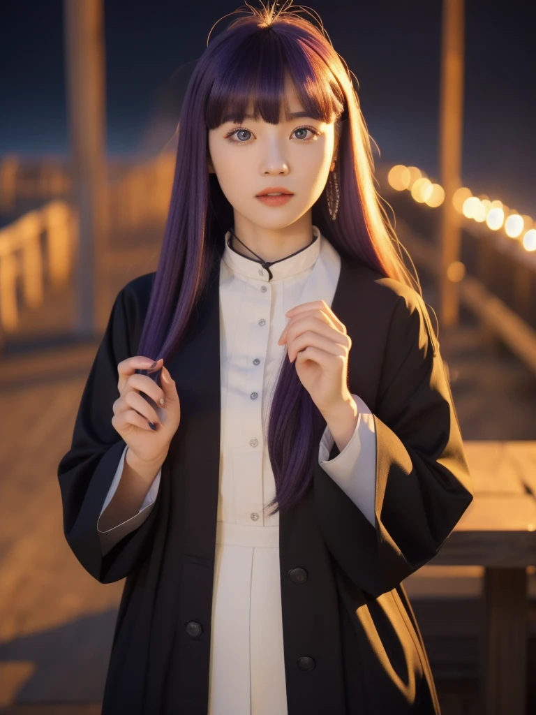 full body, dynamic pose, 1 girl,alone,purple hair,long hair,purple eyes,dull bangs,side lock,half up hair,bright pupils, hair ornaments,Ruffled collar,black robe,white dress,center ruffle,button,wide sleeve,long sleeve,crooked,cowboy shot, looking at the viewer, and highest quality,((highest quality)),((table top)),((perfect face)),get used to it５two-fingered hand,1 girl,(background blur), ((holographic)),1 girl,milky way, (stripes of light), impressive visuals, (dynamic streak, path of light:1.2), bright colors