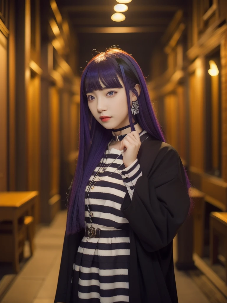 full body, dynamic pose, 1 girl,alone,purple hair,long hair,purple eyes,dull bangs,side lock,half up hair,bright pupils, hair ornaments,Ruffled collar,black robe,white dress,center ruffle,button,wide sleeve,long sleeve,crooked,cowboy shot, looking at the viewer, and highest quality,((highest quality)),((table top)),((perfect face)),get used to it５two-fingered hand,1 girl,(background blur), ((holographic)),1 girl,milky way, (stripes of light), impressive visuals, (dynamic streak, path of light:1.2), bright colors