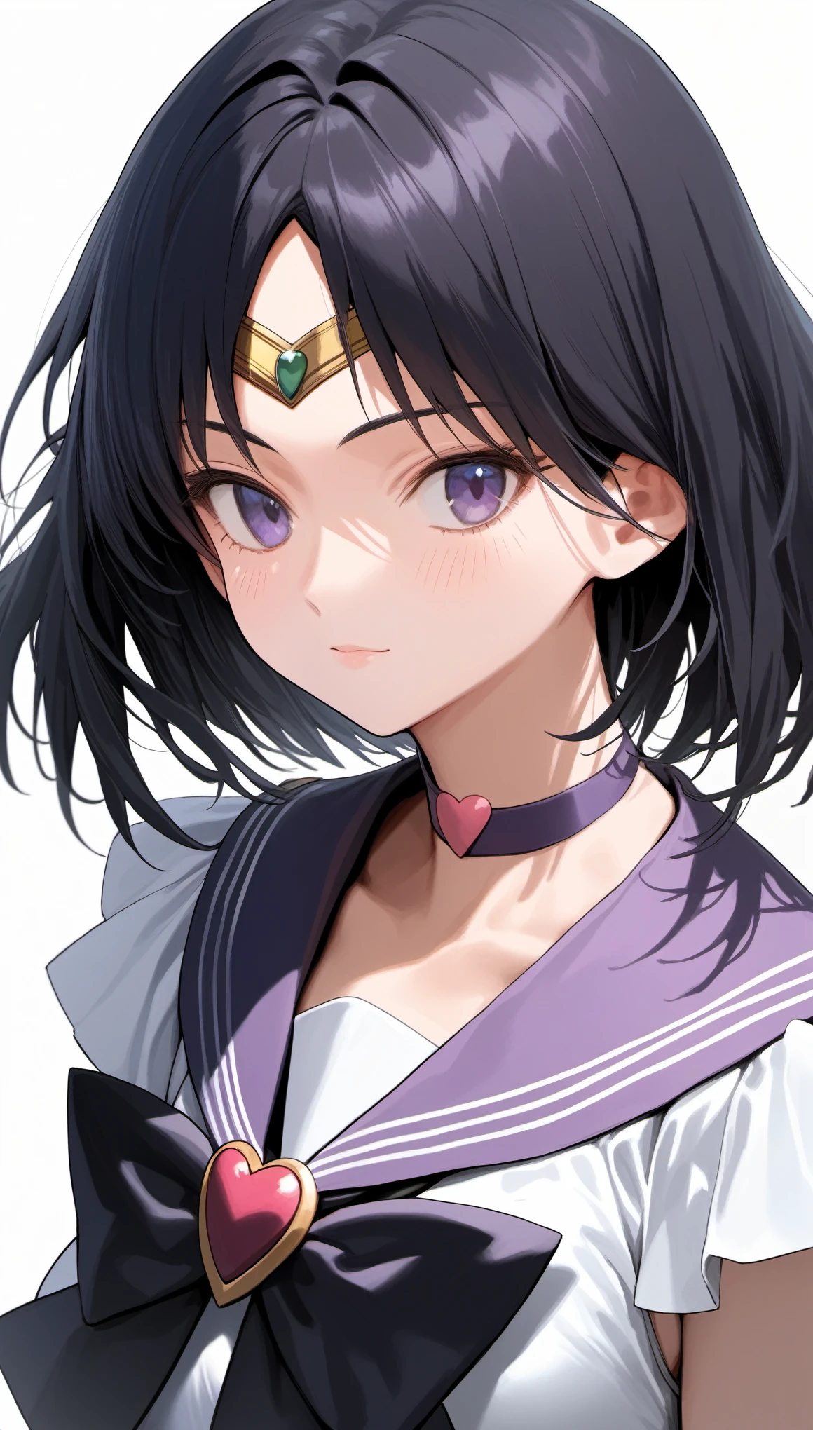 (best quality),female,sailor Saturn,solo,black medium hair,bob cut,big hair,frilled sleeves white leotard,tsurime,white elbow gloves,white heart brooch,purple sailor_collar,black bow,purple choker,gold circlet,upper body
score_9, score_8_up, score_7_up,source_anime,rating_safe,