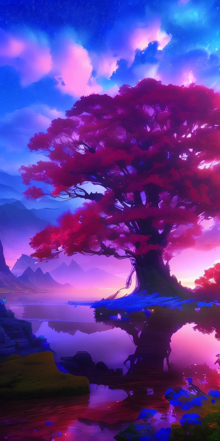 Anime scenery of a tree and a lake,A mountain in the background, Concept Art Wallpaper 4K, 4k highly detailed digital art, fantasy tree, fantasy art landscape, 4k fantasy art, Beautiful art ultra hd 4k, 4k detailed digital art, Anime landscape wallpaper, 4K HD wallpapers are very detailed, Impressive fantasy scenery, 8k high quality detailed art、Blue pure sky,