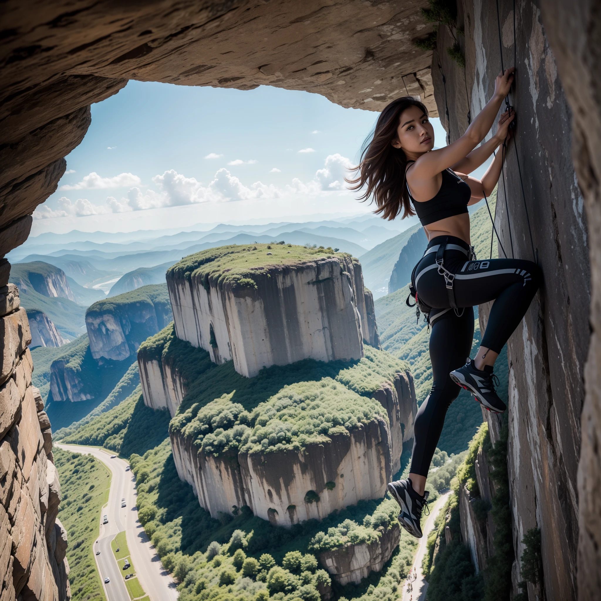 20 year old woman、best beautiful girl、masterpiece、real、live-action、accurate image、High definition、rock climbing、Free Climbing、sheer cliff、Valley、1000Meter-tight rock face、Climbing pants、hanging、clamber、cling to、Equipped with detailed details、