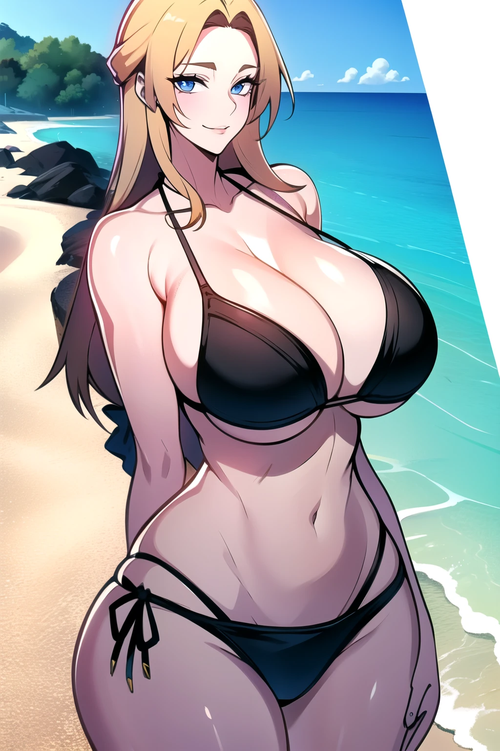 ultra realistic 8k cg, masterpiece, ((ultra detailed background, intricate detail, highly detailed, fine details best quality, hyperdetailed face)), gigantic breasts ,beautiful lighting, absurdres, BoaHancockV2, 1girl, solo, (blonde hair), long hair, jewelry, closed mouth, ), ( bare shoulders, (tight bikini: 1.4), curvy, midriff, curvy, thighs, shiny clothes), blue eyes, outside, beach), ((cowboy shot)), curvy, (gigantic breasts: 1.1), seductive smile, cowboy shot,
