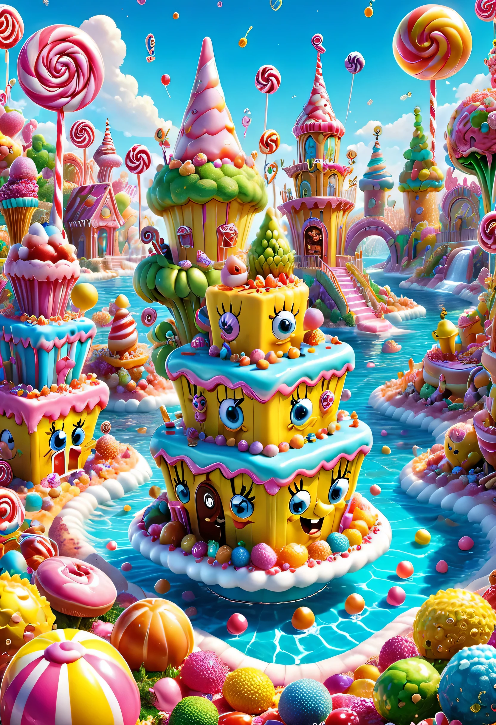 Candy Land, SpongeBob Square Pants, By Lisa_Frank, (masterpiece, highest quality, Professional, perfect composition, so beautiful, disorganized, Super detailed, intricate details:1.3)