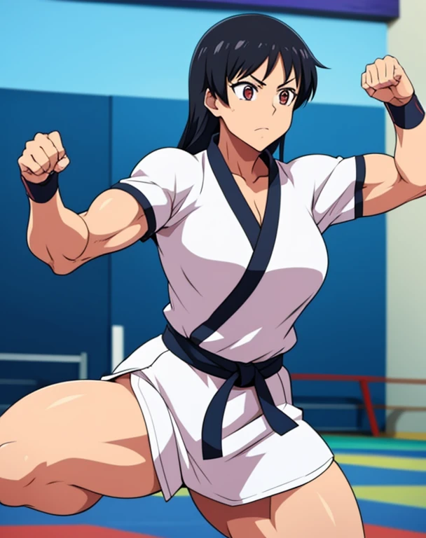 Anime woman, karate clothes, mildly muscular, toned legs, black hair