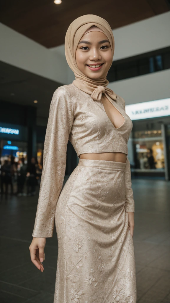Portrait photography of a beautiful young malay girl in hijab wearing white modest Square Neck Bow Front Floral Jacquard Dress , fully cover dress, catwalk, nighttime, crowded mall background, bright lighting, smile and happy gesture, small abs, wide hips, thick thighs, small abs, , detail skin texture, 4k, high detail, ultra detail, detailed skin texture, Nikon D850, Photographie de film ,4 Kodak Portra 400 ,camera f1.6 lentilles ,hyper realistic ,lifelike texture, dramatic lighting , Cinestill 800, (high detail face:1.4) (sourire:0.7)