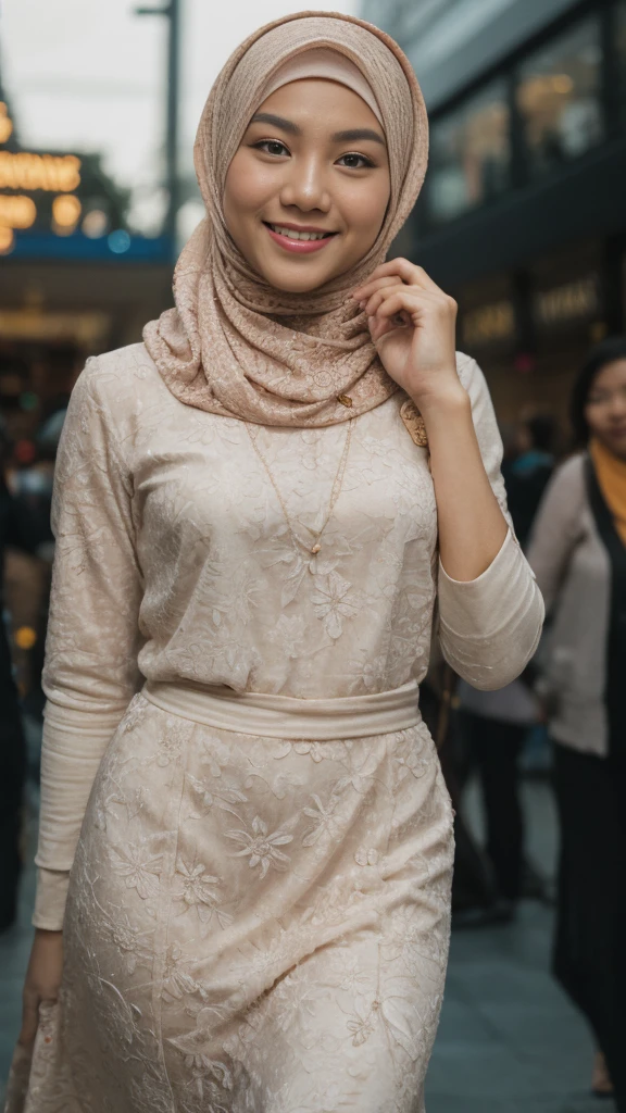 Malay girl, medium white hair, bouncy curls haircut, wear light plain pastel red women's long-sleeved dress opened at the front, secured with buttons, pins, or brooches, (baju kebaya:1.6), laughing and posing with hand on hip, wear handbag, from back view, windy, detail skin, age spot, detail skin texture, mole below eyes, small breast, flat chest, wide hips, small waists, thick thighs, slim abs, beautiful body, nighttime, laughing, happy, bright lighting, crowded night market, blur background, bokeh,