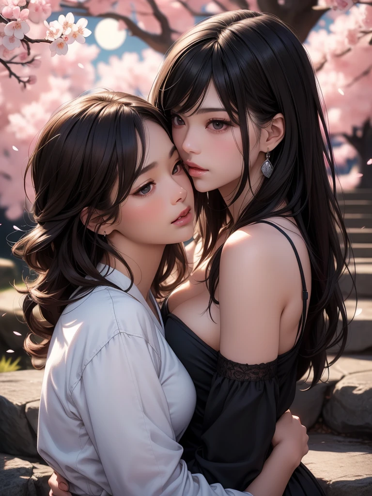 A couple of women, one with bareback and the other wearing a white shirt, passionately kissing on the stone steps in a Japanese park at night. (SFW), working, cutely kissing together, the girl loves art, Auburn, slightly sagging large breasts, small breasts, long curly hair, shoulder-length straight brown hair, the girl loves to kiss, very detailed mouth, the girl loves to hug, touching her clothes, playing with her breasts, firmware version. 

Medium: Illustration, realistic portrait style, soft lighting, vibrant colors. 

Additional details: Cherry blossom trees in the background, a full moon in the sky, the sound of crickets chirping, a gentle breeze rustling their hair. 

Image quality: (best quality, 4k, 8k, highres, masterpiece:1.2), ultra-detailed, (realistic, photorealistic, photo-realistic:1.37), HDR, studio lighting, sharp focus. 

Art style: Portraits, romance, Japanese aesthetic. 

Color palette: Soft pastel colors with a hint of pink and purple.