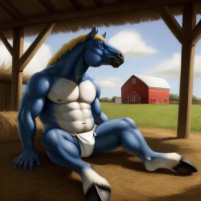 Furry, Antro, Horse Yelow, Fundoshi bulto, Fundoshi White, Solo, Bulto Male, Hooves ,Detallado, cuerpo completo, cuerpo furry, Blue Eyes, Farm, campo de mazorcas