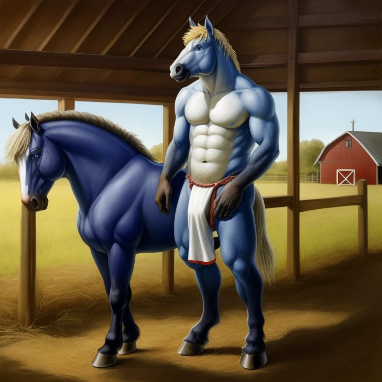 Furry, Antro, Horse Yelow, Fundoshi bulto, Fundoshi White, Solo, Bulto Male, Hooves ,Detallado, cuerpo completo, cuerpo furry, Blue Eyes, Farm, campo de mazorcas