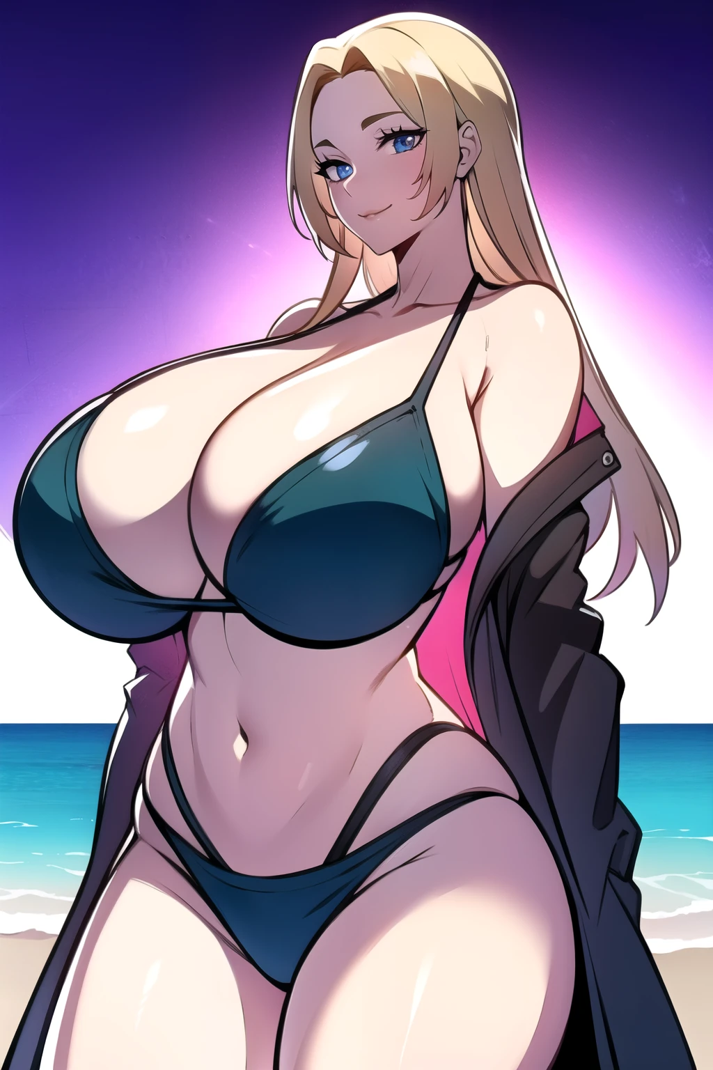 ultra realistic 8k cg, masterpiece, ((ultra detailed background, intricate detail, highly detailed, fine details best quality, hyperdetailed face)), gigantic breasts ,beautiful lighting, absurdres, BoaHancockV2, 1girl, solo, (blonde hair), long hair, jewelry, closed mouth, ), ( bare shoulders, (tight bikini: 1.4), curvy, midriff, curvy, thighs, shiny clothes), blue eyes, outside, beach), ((cowboy shot)), curvy, (gigantic breasts: 1.1), seductive smile, cowboy shot,
