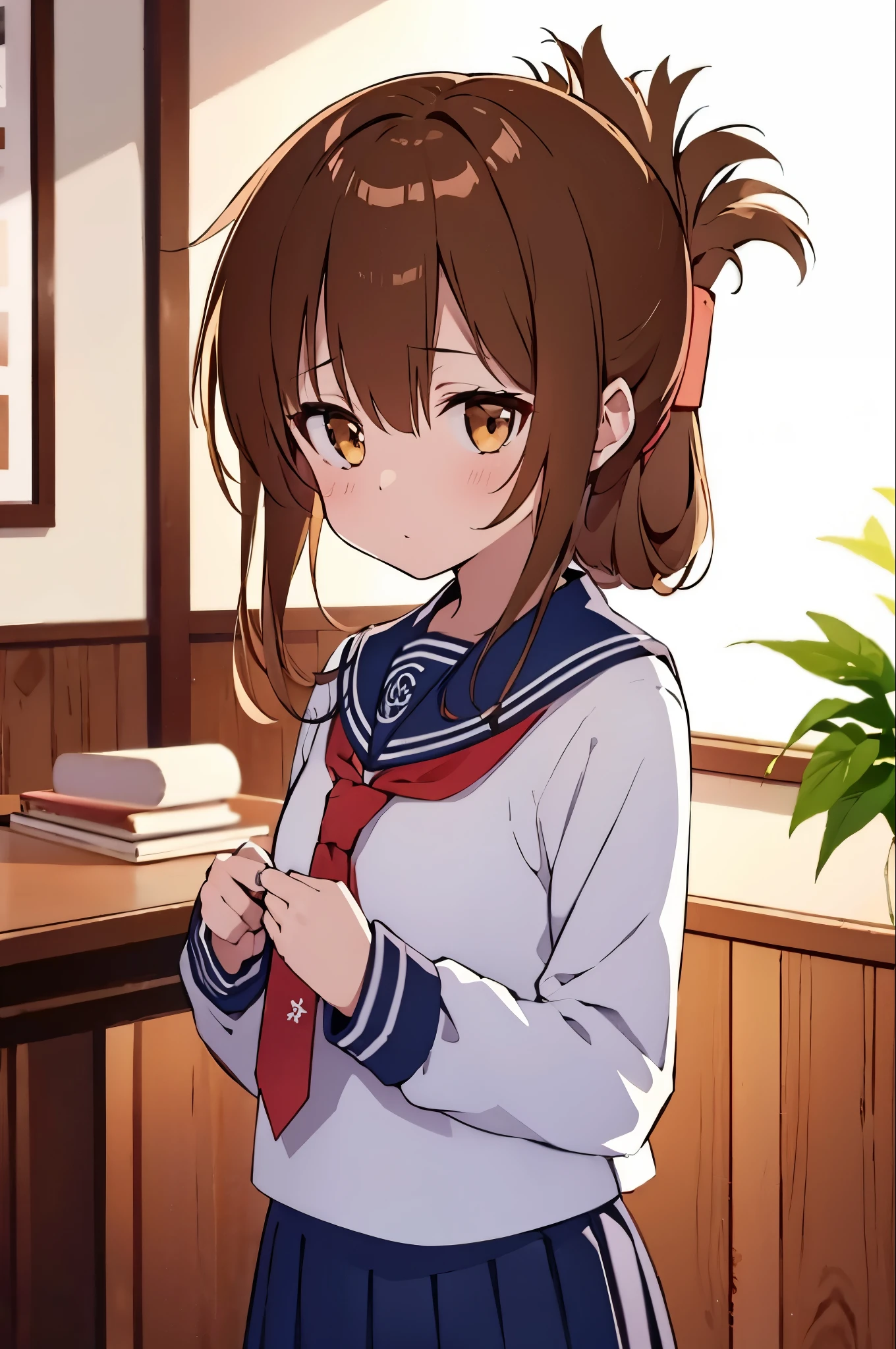 (masterpiece, best quality:1.2),illustration,8k,hd,1girl,solo,upper body,(portrait:1.2),brown_hair,folded_ponytail,brown_eyes,serafuku,long_hair,school_uniform,skirt,pleated_skirt,indoor office,living room,betterhand,red tie
