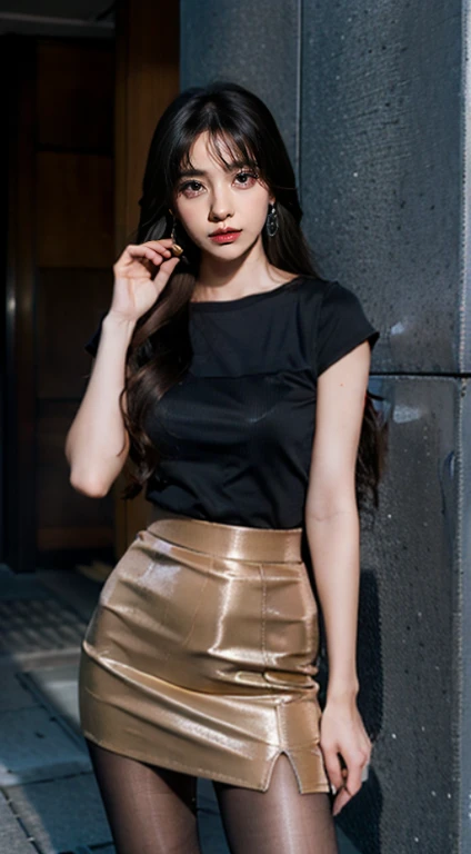 Heavy makeup,8K,long legs,through bangs,wavy hair,Mature,Tight short sleeves,Sunlight,earrings,miniskirt,dagger,two girls,standing,Shiny pantyhose