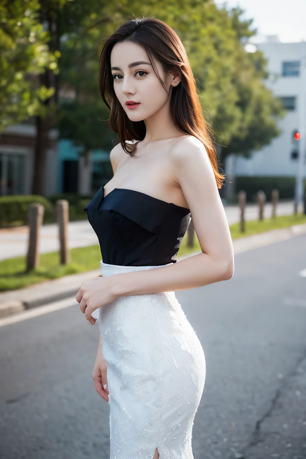 ((top quality、8K、Masterpiece:1.3))、Extremely delicate beautiful girl,huge breasts,bigger breasts,amazing breast size,G cup,Sunset。Wear big earrings,Very white skin,moist red lips,Waist is very thin,Thighs are very thin,big ass,exposed,fair and smooth skin,Smooth and fair skin,flawless skin,Fair and shiny skin,cold white skin,The camera focuses on the chest,bright light,Bandeau dress,Transparent skirt,Openwork skirt,exposed的肩膀,brown hair,后背exposed到臀部,后背exposed到腰臀线,Smooth white back,Stand sideways,Straight posture