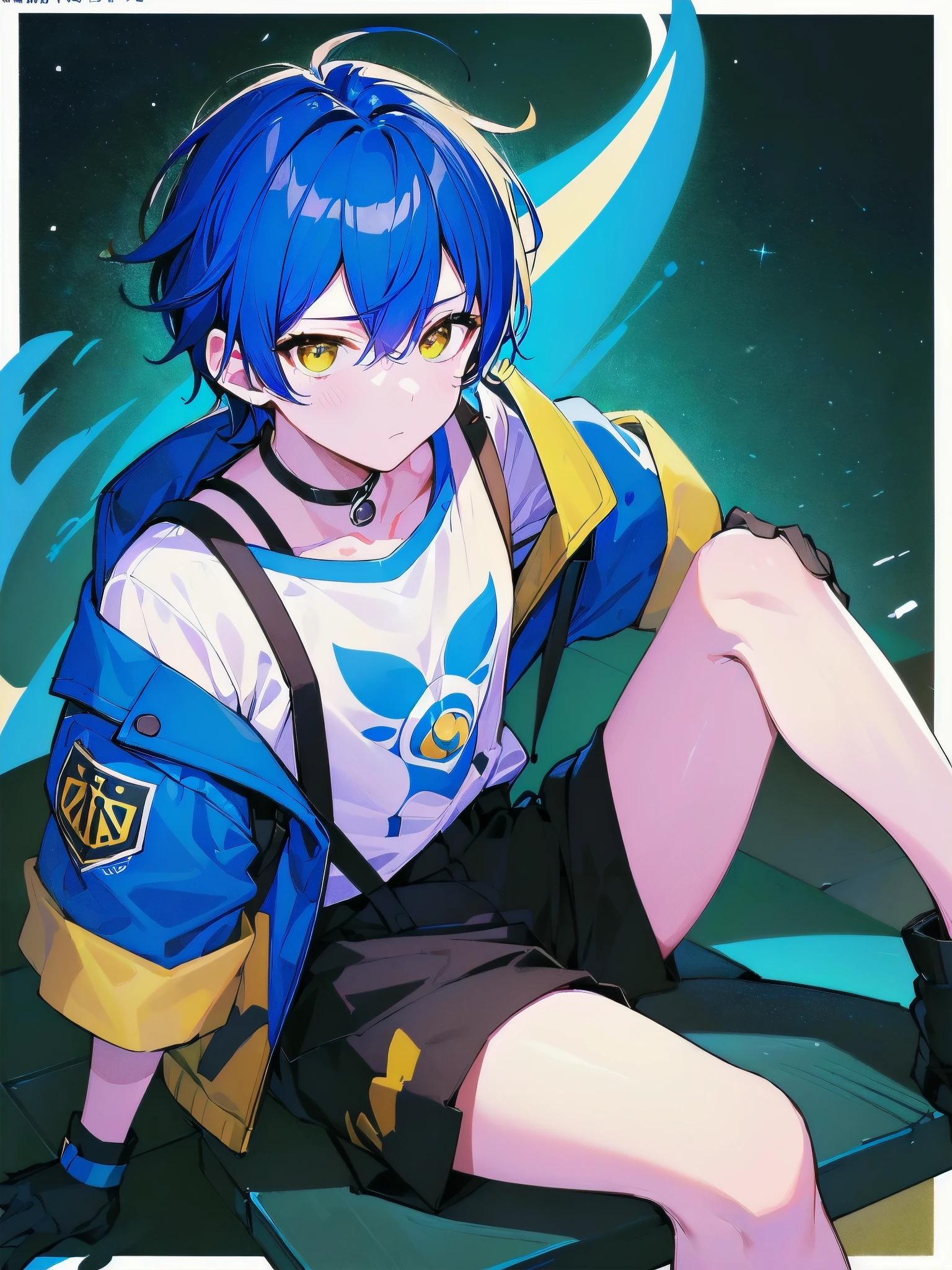 [(BLUE GALAXY BACKGROUND:1.5),::5], ((((masterpiece)))), high quality, very_high_resolution, large_filesize, full color, ((younger boy)), , short deepblue hair, vivid color, ((yellow eye)), civilian clothes white, anime, Below the knee to upper body,