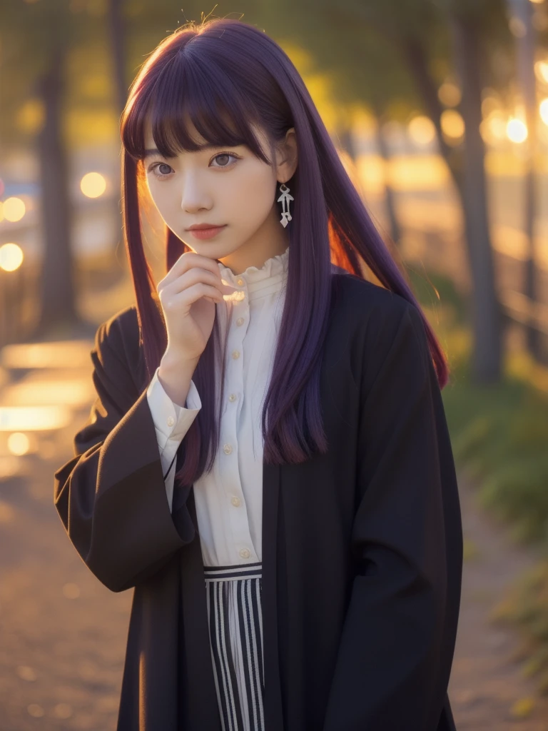 full body, dynamic pose, 1 girl,alone,purple hair,long hair,purple eyes,dull bangs,side lock,half up hair,bright pupils, hair ornaments,Ruffled collar,black robe,white dress,center ruffle,button,wide sleeve,long sleeve,crooked,cowboy shot, looking at the viewer, and highest quality,((highest quality)),((table top)),((perfect face)),get used to it５two-fingered hand,1 girl,(background blur), ((holographic)),1 girl,milky way, (stripes of light), impressive visuals, (dynamic streak, path of light:1.2), bright colors