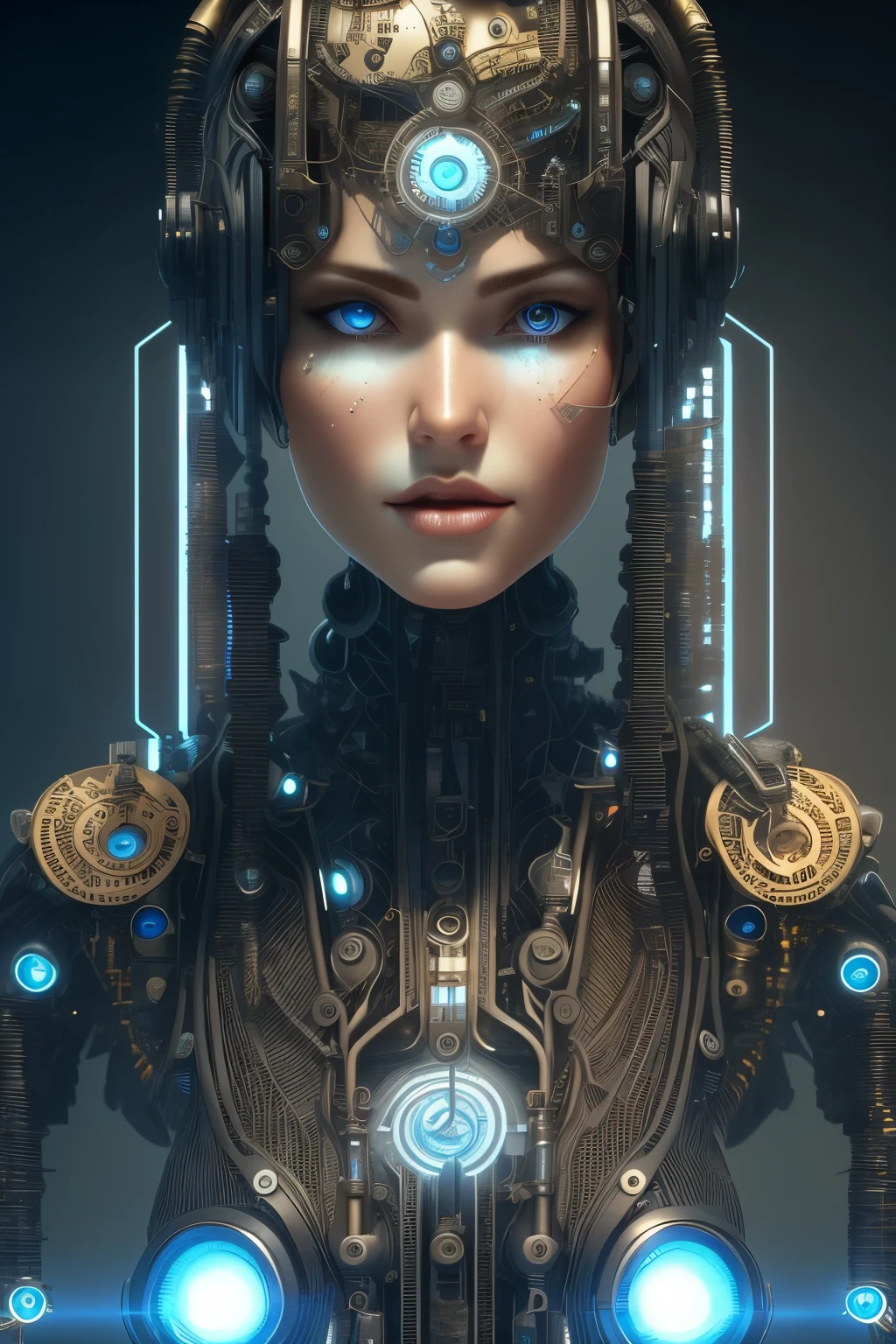 full body cyborg| full-length portrait| detailed face| symmetric| steampunk| cyberpunk| cyborg| intricate detailed| to scale| hyperrealistic| cinematic lighting| digital art| concept art| mdjrny-v4 style