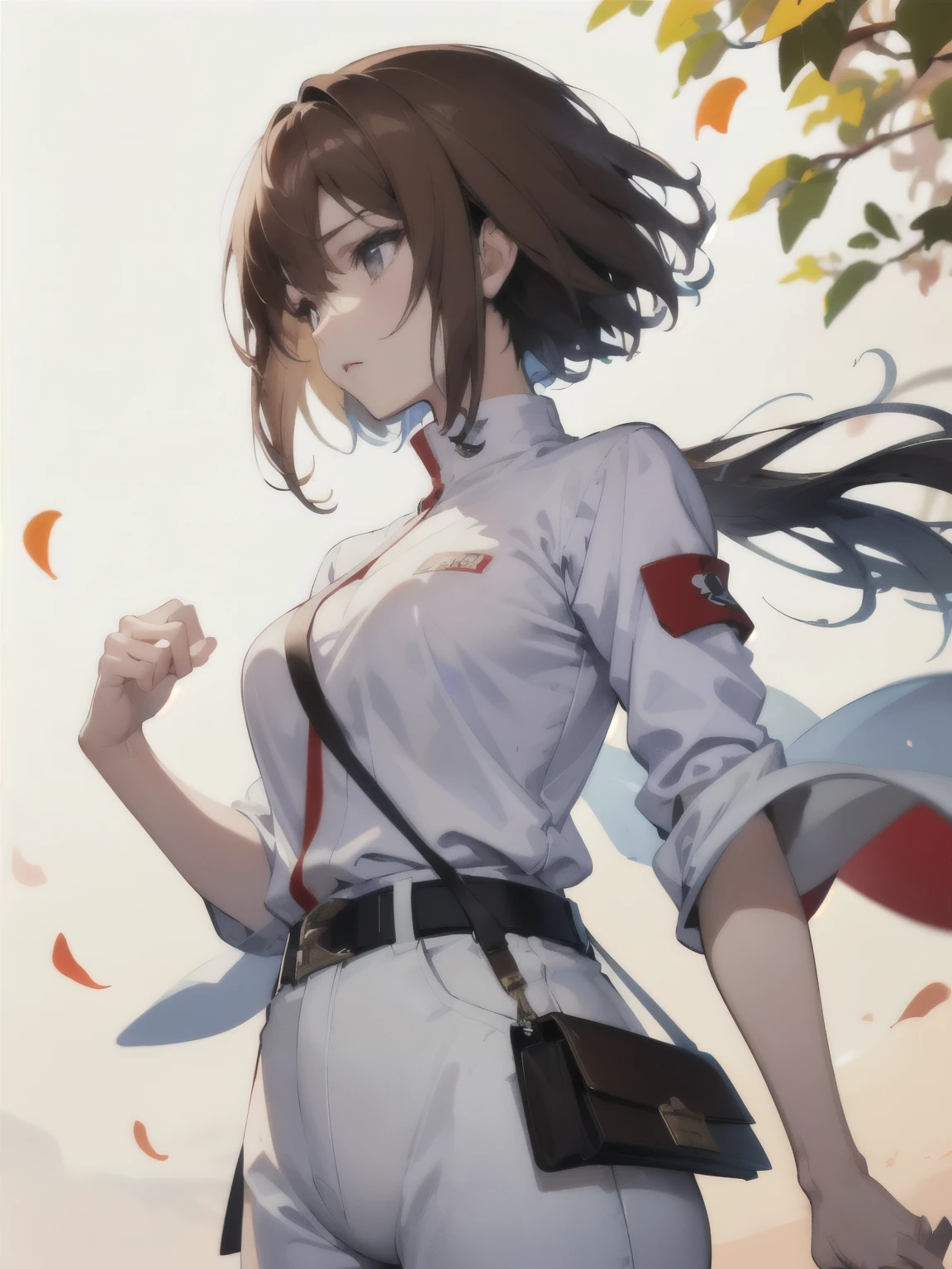 kurisu makise steins gate anime, atmospheric, elegant portrait, super highly detailed, professional digital painting, artstation, concept art, 8k, art by wlop, artgerm and alphonse mucha and eiichiro oda shinkai makoto vibrant Studio ghibli kyoto animation hideaki anno Sakimichan Stanley Artgerm Lau Rossdraws James Jean Marc Simonetti, Beautiful woman, light brown hair, light brown eyes, red turtleneck shirt, white pants, black belt, makeup, top-down view, 2d background, impeccable posture, master piece, super detail, attitude, 40 year old woman, strong expression, attitude,, bob, profile