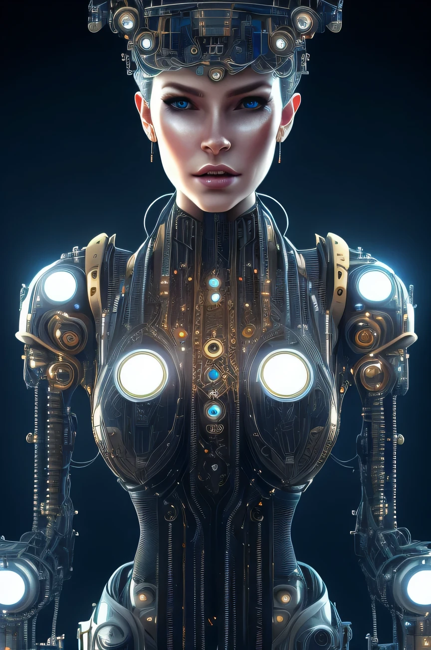 surreal drawing:1.5, Very realistic and detailed robot woman, Beautiful intricate cyber woman with circuits and terminals all over her body., futuristic neon lights, luces led, hyper detailed, 8K, The best quality, photorealistic, Masterpiece, cinematic lighting, Volumetric fog, brilliant cybernetic enhancements, advanced technology, Futuristic dystopia, dramatic and melancholic lighting, neon city backdrop, bright interfaces, hyper detailed circuits, dynamic camera angle